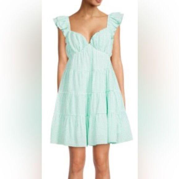 English Factory green and white checkered mini tiered dress NEW size S - Picture 1 of 8